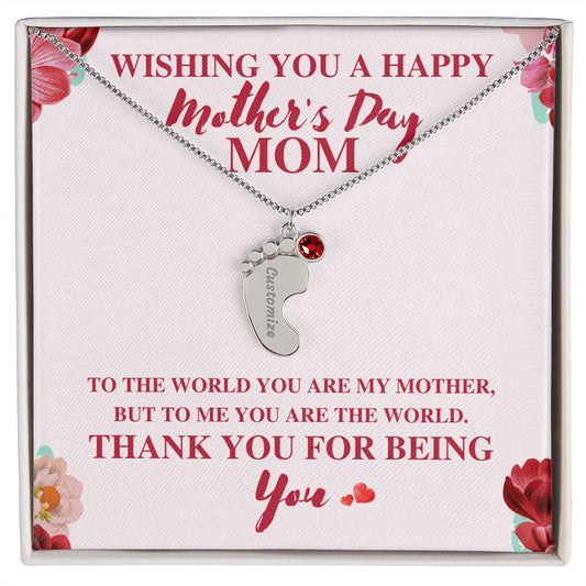 Perfect for Mother's Day! Engraved Baby Feet with Birthstone Necklace