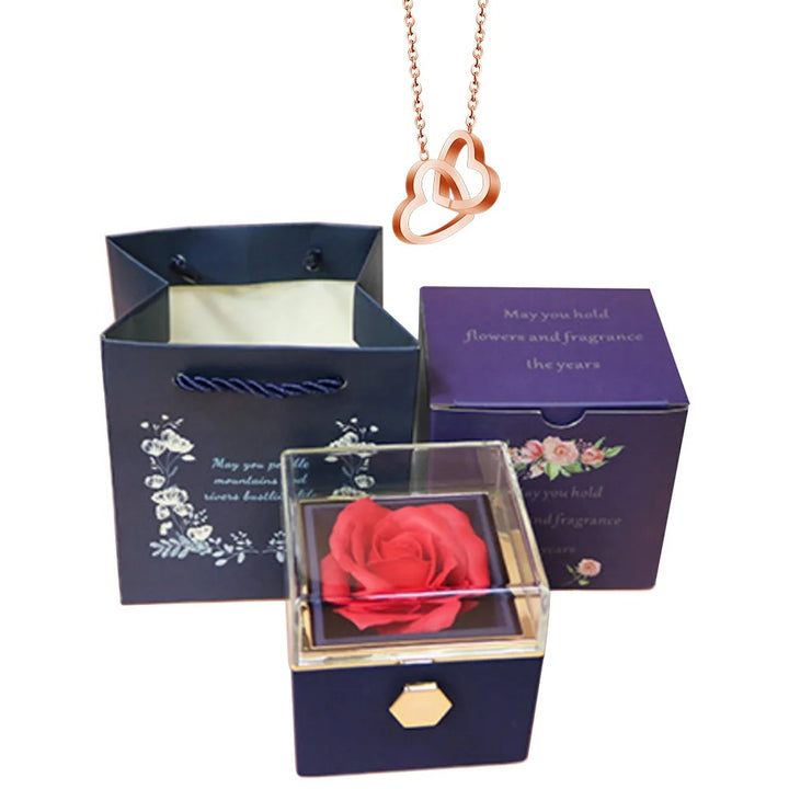 Preserved Eternal Real Rose Flower Gift Box With 14K Gold Plated Silver  Necklace