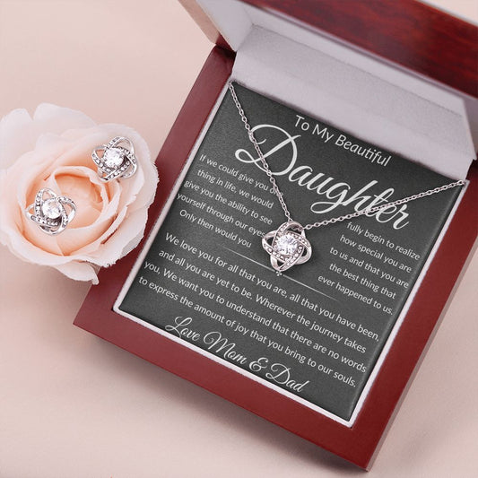 Gift For Daughter From Mom & Dad Love Knot Necklace With Earrings Blk See The Way I Do Msg Card